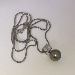 Solid 925 Sterling Silver Faux Tahitian Pearl Simulated Diamond Pendant Necklace